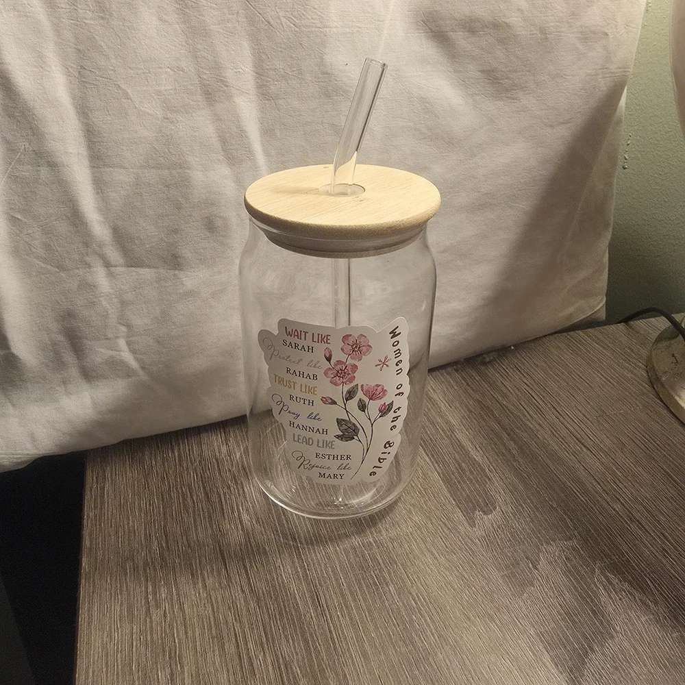 Floral 'Women of the Bible' Glass Tumbler with Straw - Pink Accents - Picture 10 of 10